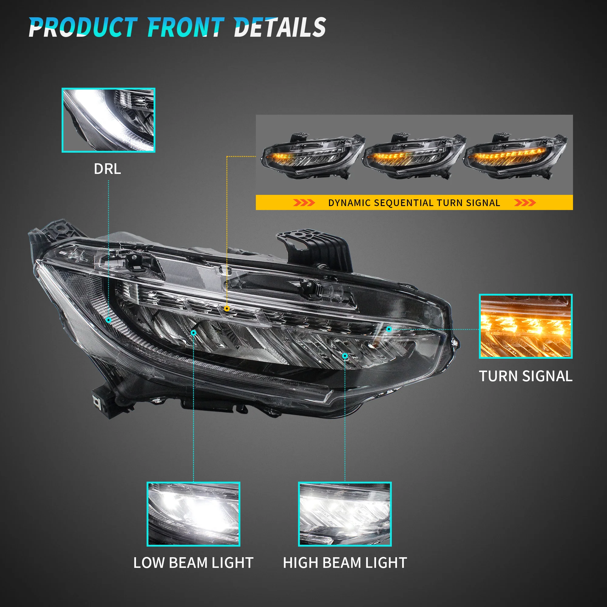 VLAND Headlights For Honda Civic 10th Sedan/Coupe/Hatchback 2016-2021 with Amber Sequential Turn Signal [SAE, DOT.] - Image 10