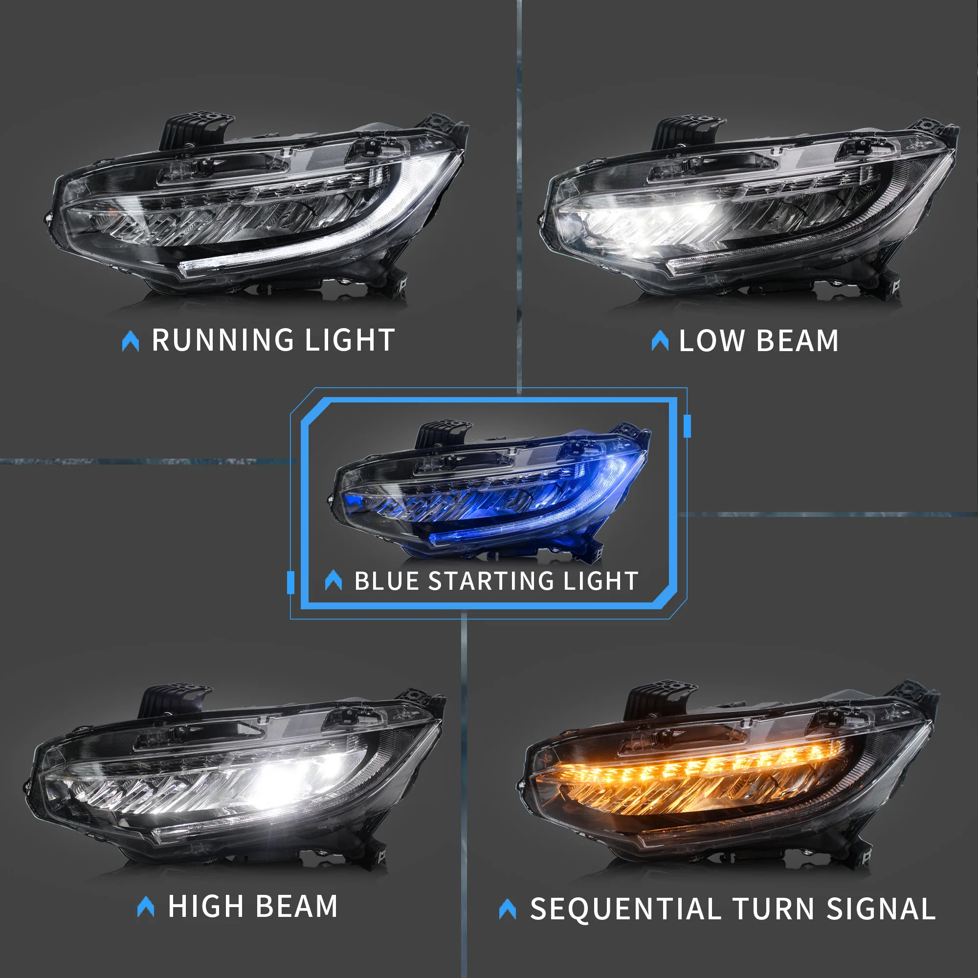 VLAND Headlights For Honda Civic 10th Sedan/Coupe/Hatchback 2016-2021 with Amber Sequential Turn Signal [SAE, DOT.] - Image 12