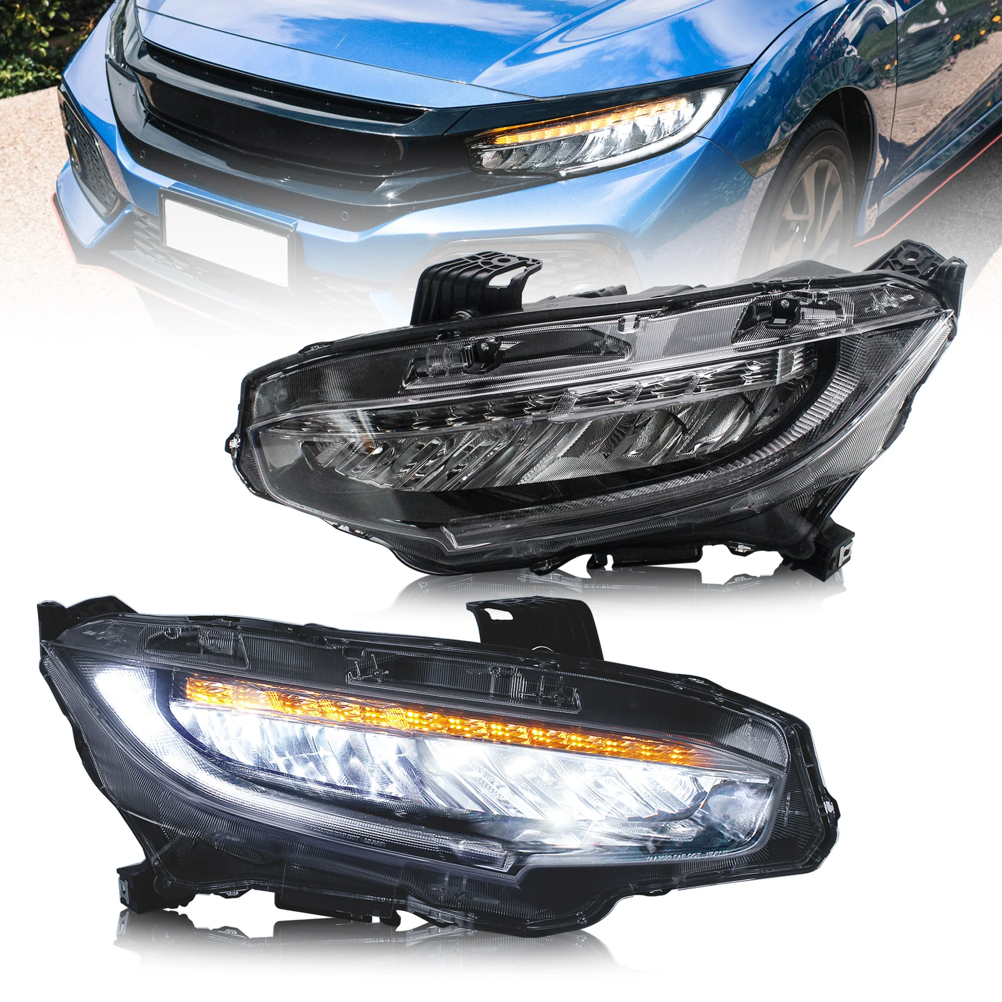 VLAND Headlights For Honda Civic 10th Sedan/Coupe/Hatchback 2016-2021 with Amber Sequential Turn Signal [SAE, DOT.] - Image 21