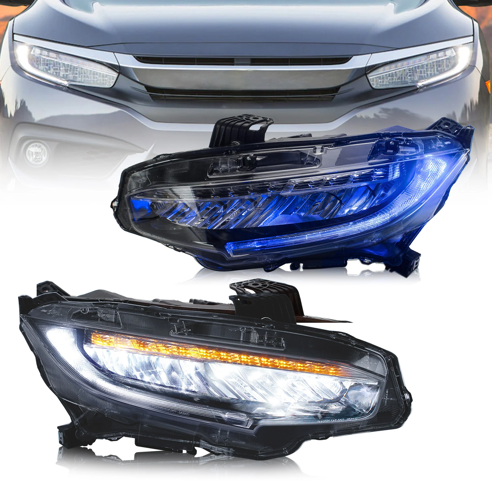 VLAND Headlights For Honda Civic 10th Sedan/Coupe/Hatchback 2016-2021 with Amber Sequential Turn Signal [SAE, DOT.] - Image 23