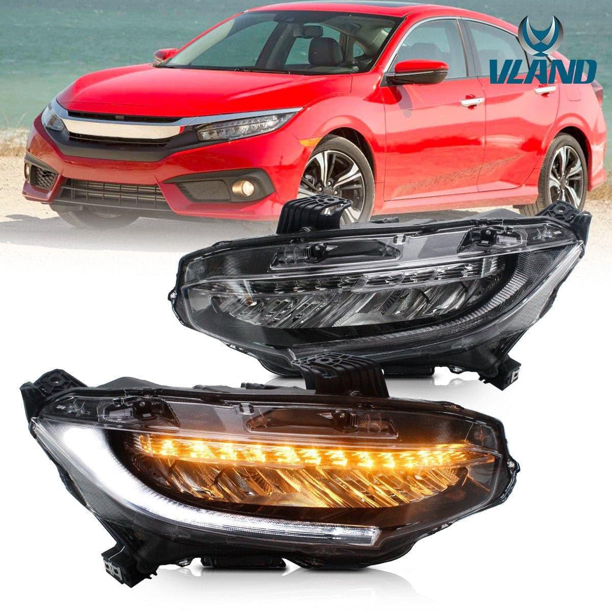 VLAND Headlights For Honda Civic 10th Sedan/Coupe/Hatchback 2016-2021 with Amber Sequential Turn Signal [SAE, DOT.] - Image 4