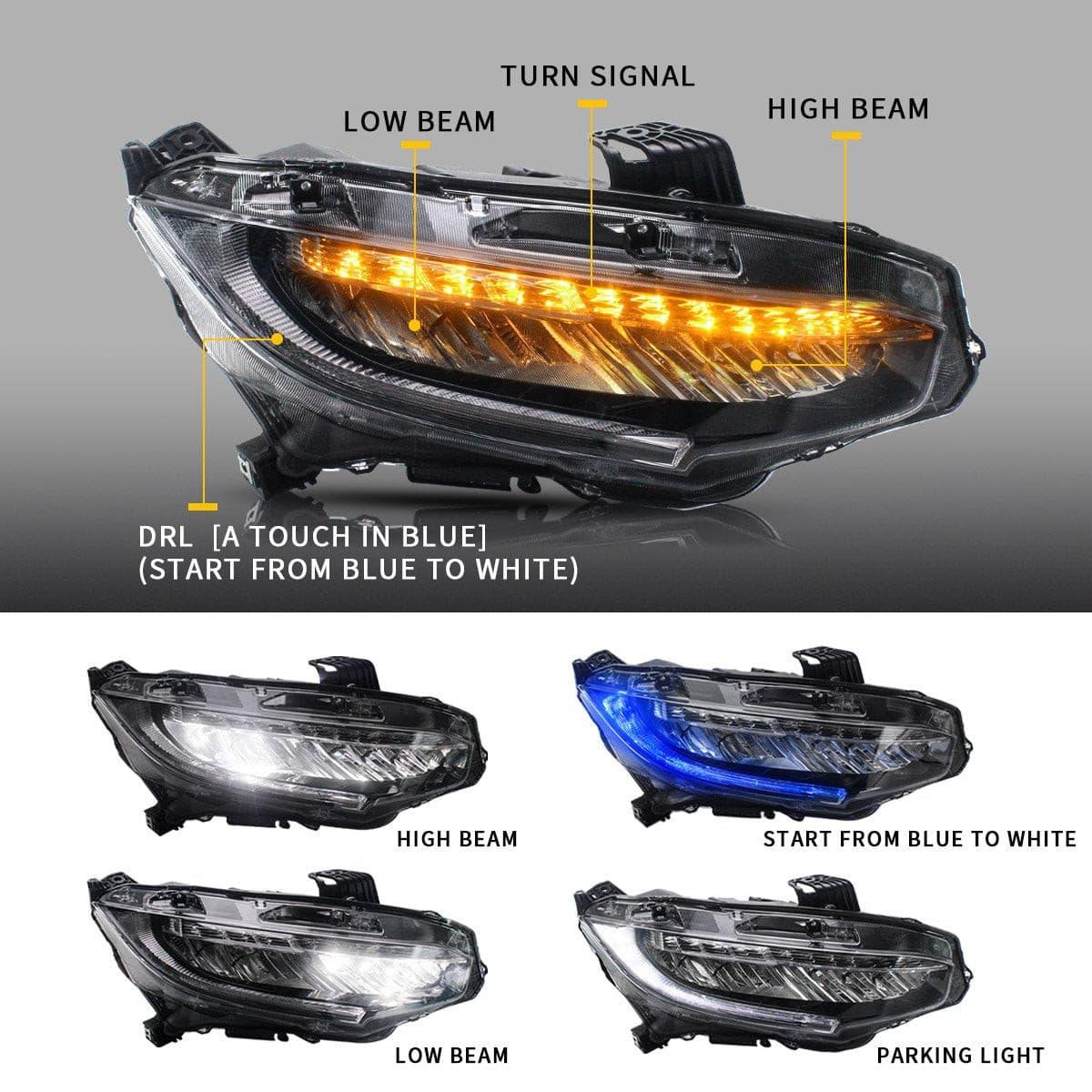 VLAND Headlights For Honda Civic 10th Sedan/Coupe/Hatchback 2016-2021 with Amber Sequential Turn Signal [SAE, DOT.] - Image 6