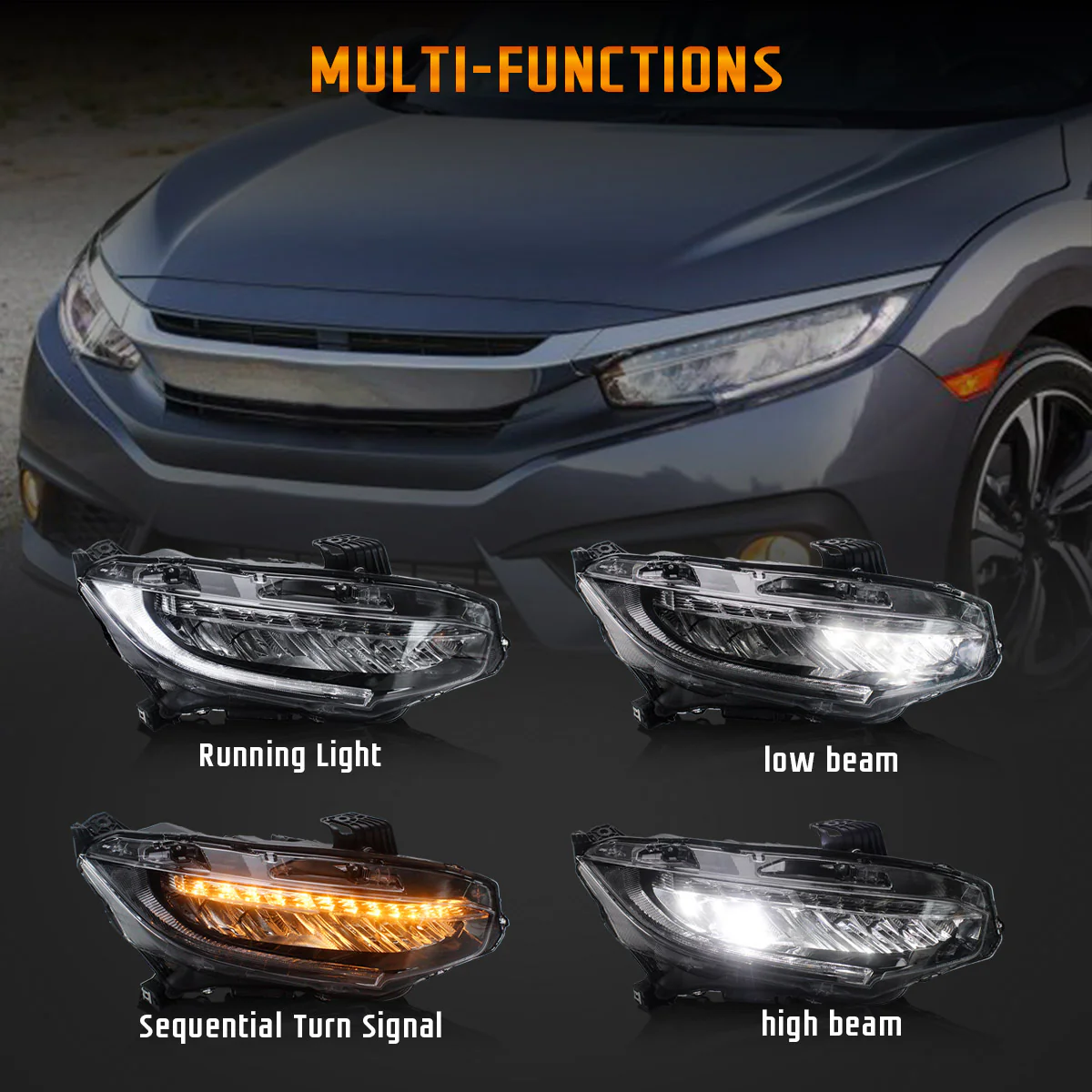 VLAND Headlights For Honda Civic 10th Sedan/Coupe/Hatchback 2016-2021 with Amber Sequential Turn Signal [SAE, DOT.] - Image 7