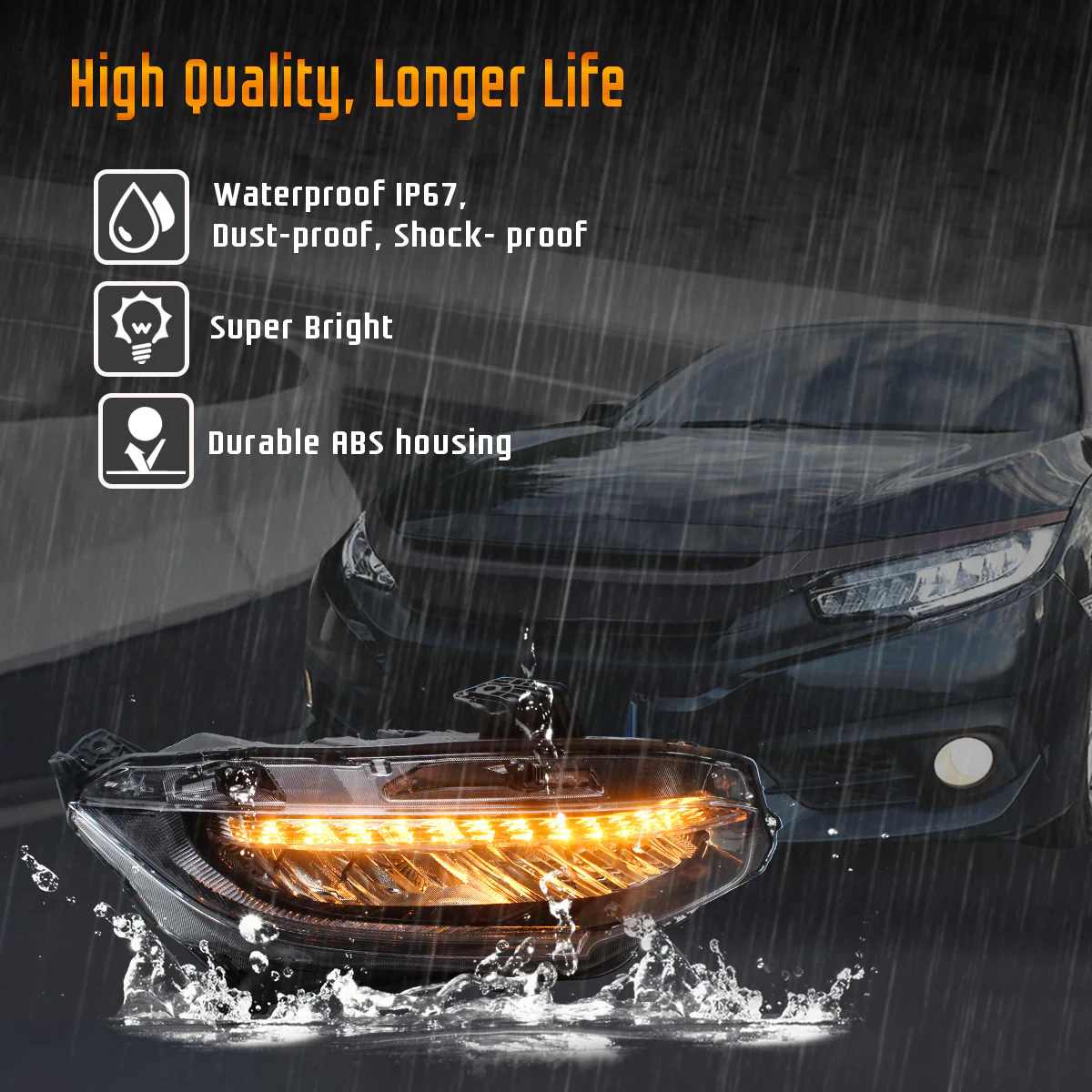 VLAND Headlights For Honda Civic 10th Sedan/Coupe/Hatchback 2016-2021 with Amber Sequential Turn Signal [SAE, DOT.] - Image 8