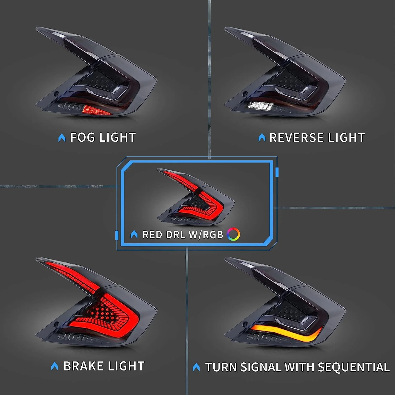 Vland LED Tail Lights For 2016-2021 Honda Civic Sedan 10th Gen [E-MARK.] - Image 7