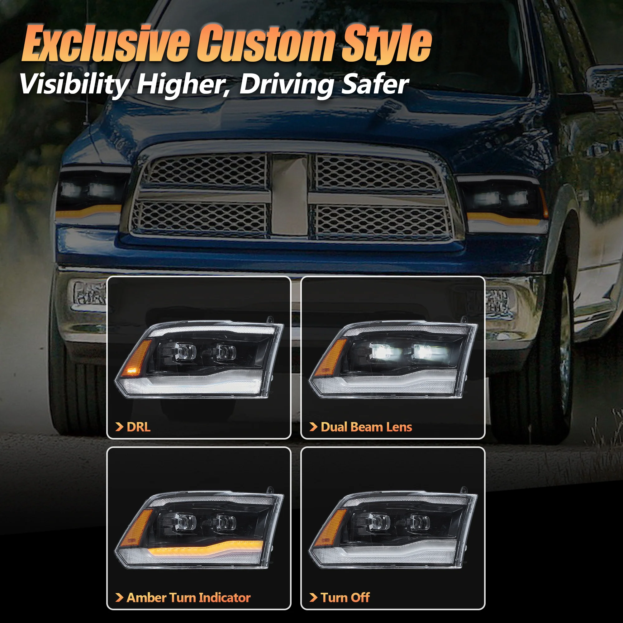 VLAND Full LED Head Lights For Dodge RAM 1500 / 2500 / 3500 2009-2018 - Image 3