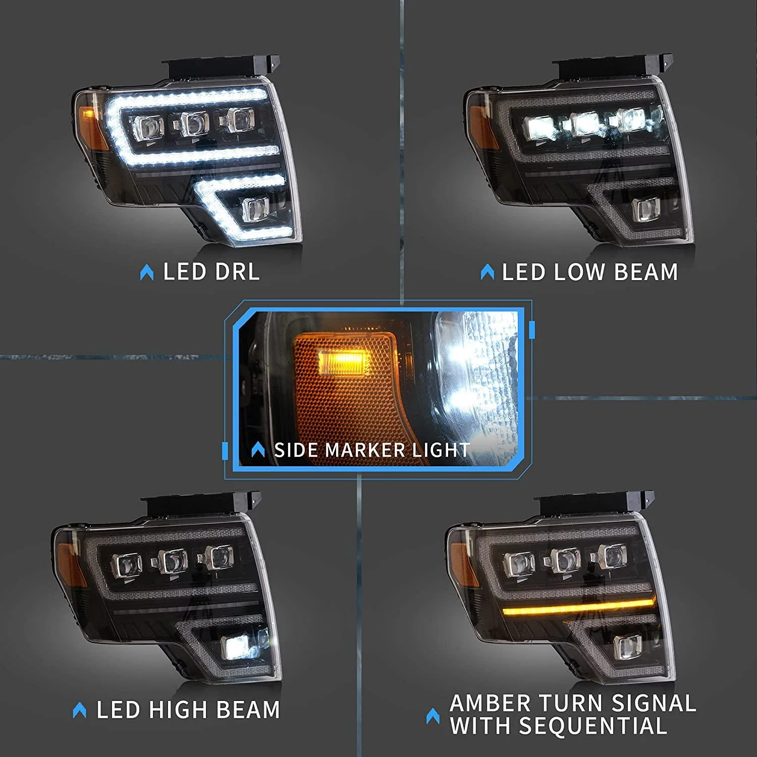 VLAND LED Projector Headlights For Ford F150 Pickup 2009-2014 With DRL [DOT. SAE.] - Image 7