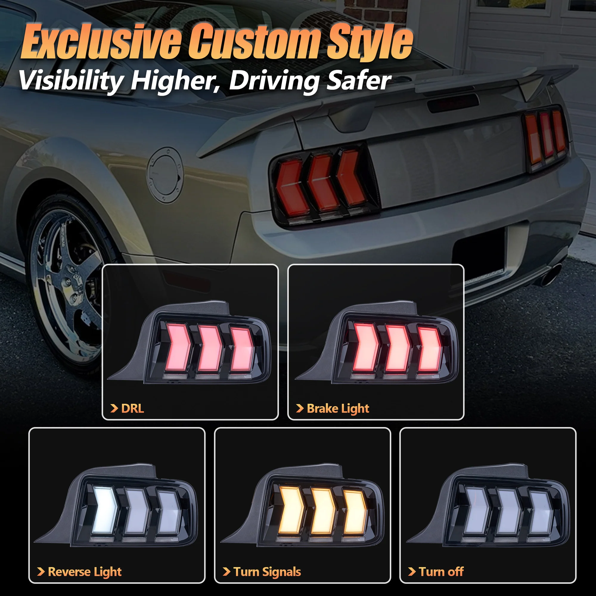 VLAND Full LED Tail Lights For Ford Mustang 2005-2009 with Sequential Turn Signal - Image 4