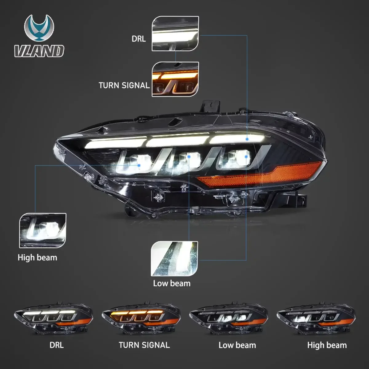 VLAND LED Dual Beam Headlights For Ford Mustang 2018-2023 With S650 Style [DOT.] - Image 6
