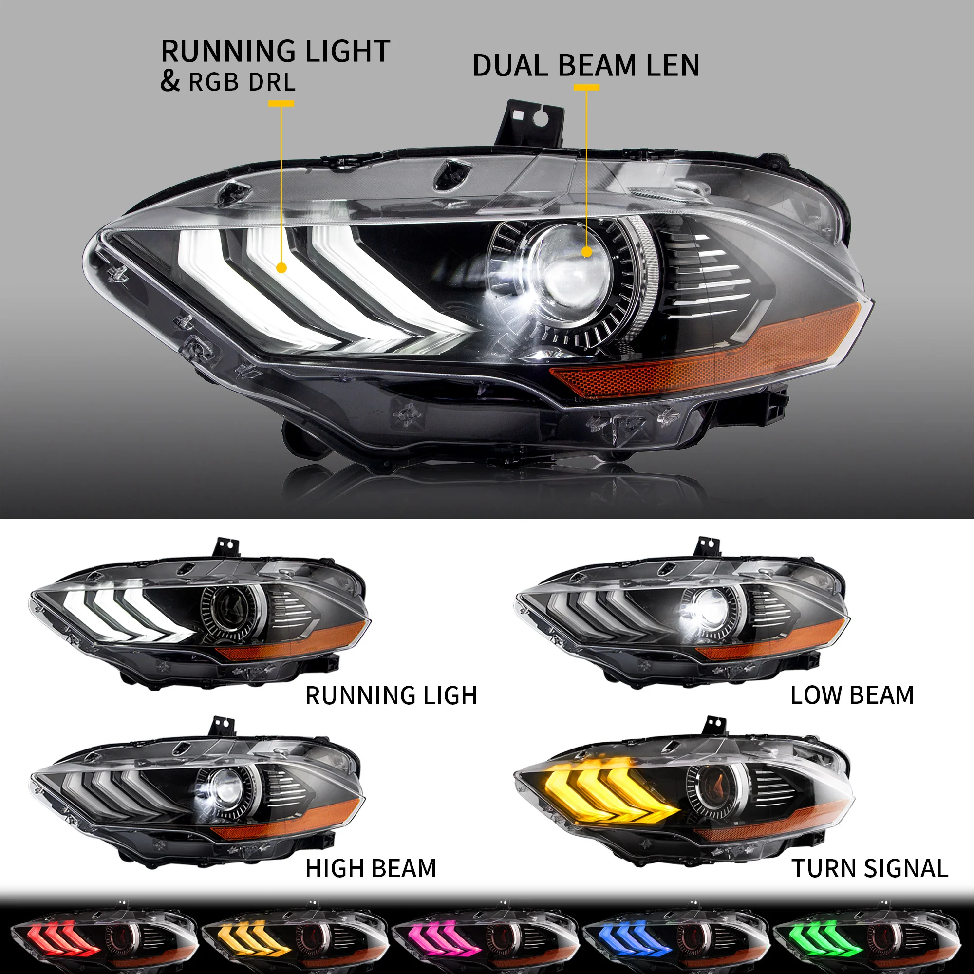 VLAND RGB Projector Headlights For Ford Mustang (Sixth Generation) [S550] 2018-2023 - Image 7