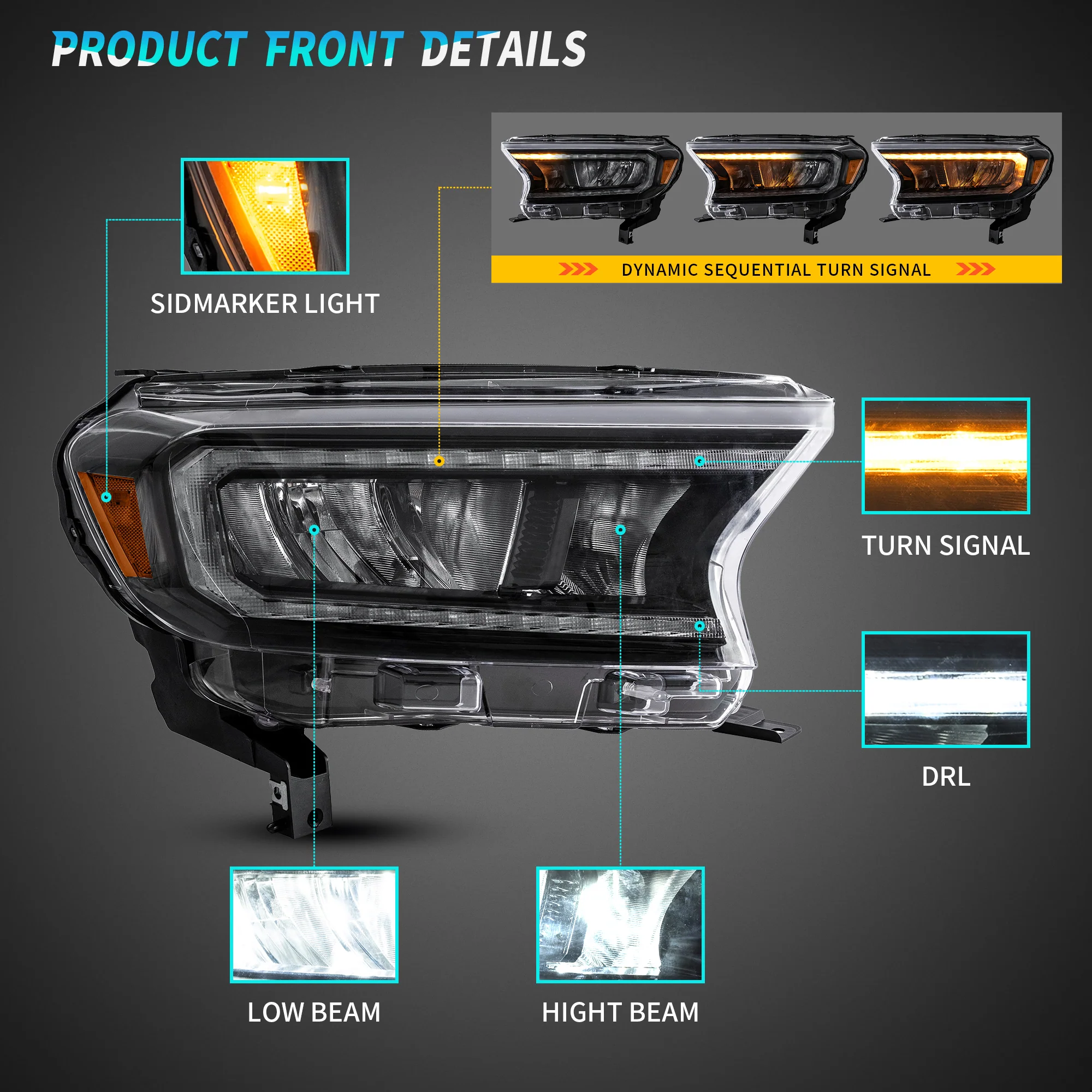 VLAND Full LED Headlights For Ford Ranger T6 Raptor & Wildtrak 2015-2020 (For International Version)[E-MARK./DOT./SAE.] - Image 10