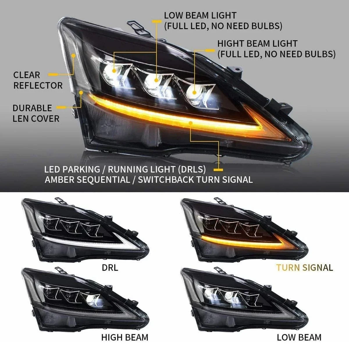 VLAND Full LED Headlights For Lexus IS250 & IS350 & ISF [XE20] 2005-2013 Sedan with Sequential Turn Signals [DOT. E-MARK.] - Image 7
