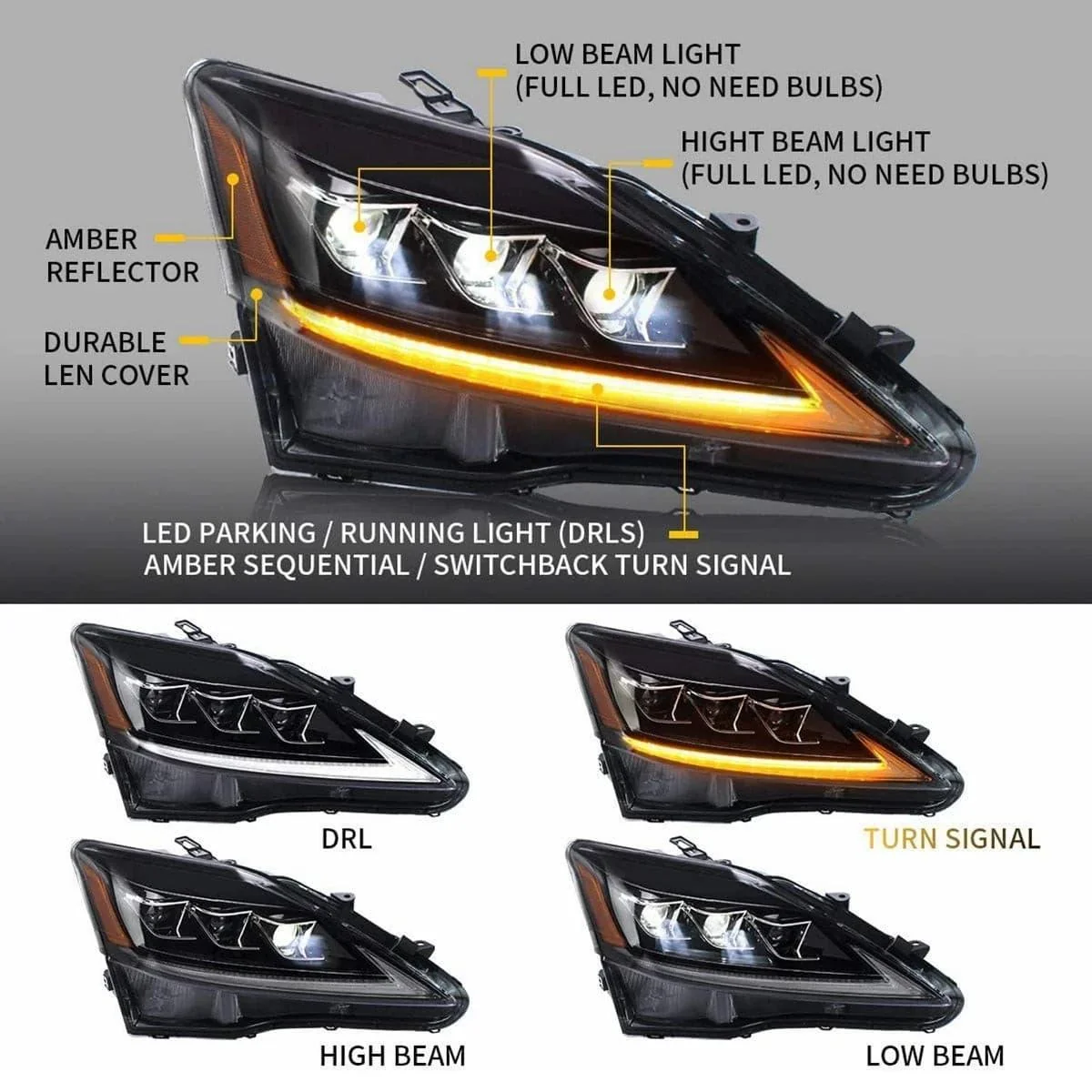 VLAND Full LED Headlights For Lexus IS250 & IS350 & ISF [XE20] 2005-2013 Sedan with Sequential Turn Signals [DOT. E-MARK.] - Image 8
