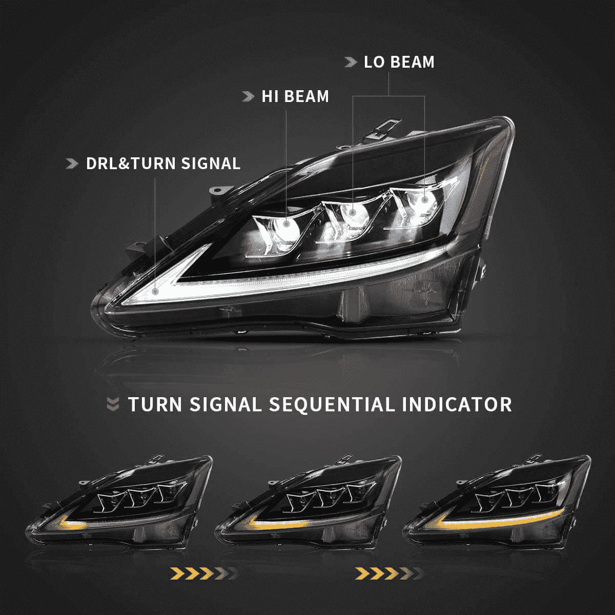 VLAND Full LED Headlights For Lexus IS250 & IS350 & ISF [XE20] 2005-2013 Sedan with Sequential Turn Signals [DOT. E-MARK.] - Image 9