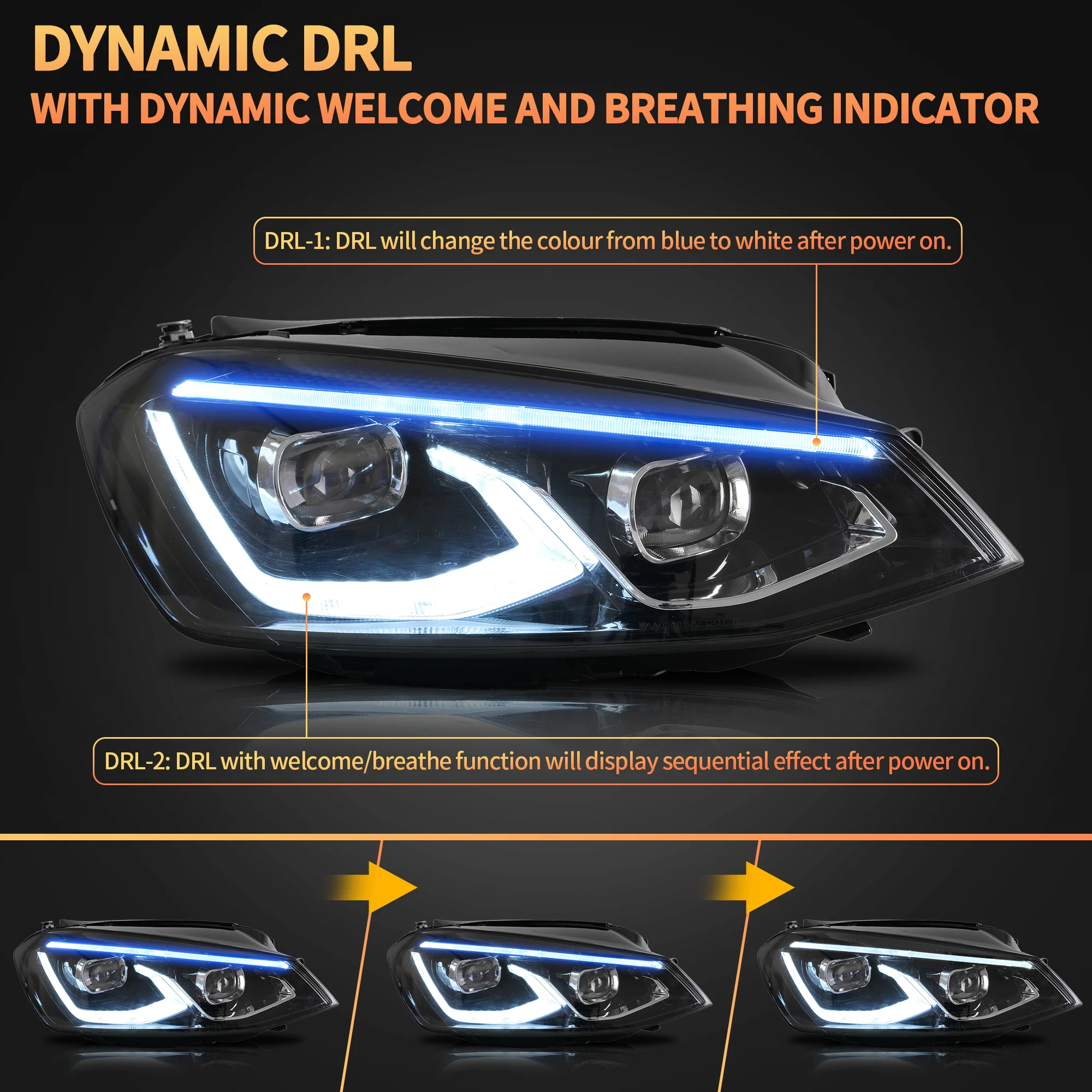 VLAND LED Projector Headlights For Volkswagen(VW) Golf MK7 2014-2017 With Sequential indicator Turn Signals (MK8 Style) [E-MARK.] - Image 5