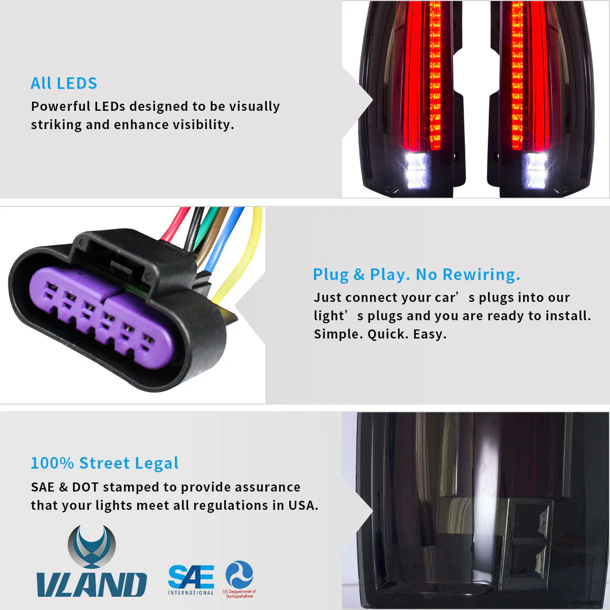 VLAND LED Full Tail Lights For Cadillac Escalade 2007- 2014 3rd Gen SUV [For 6 PINS Plug] - Image 17