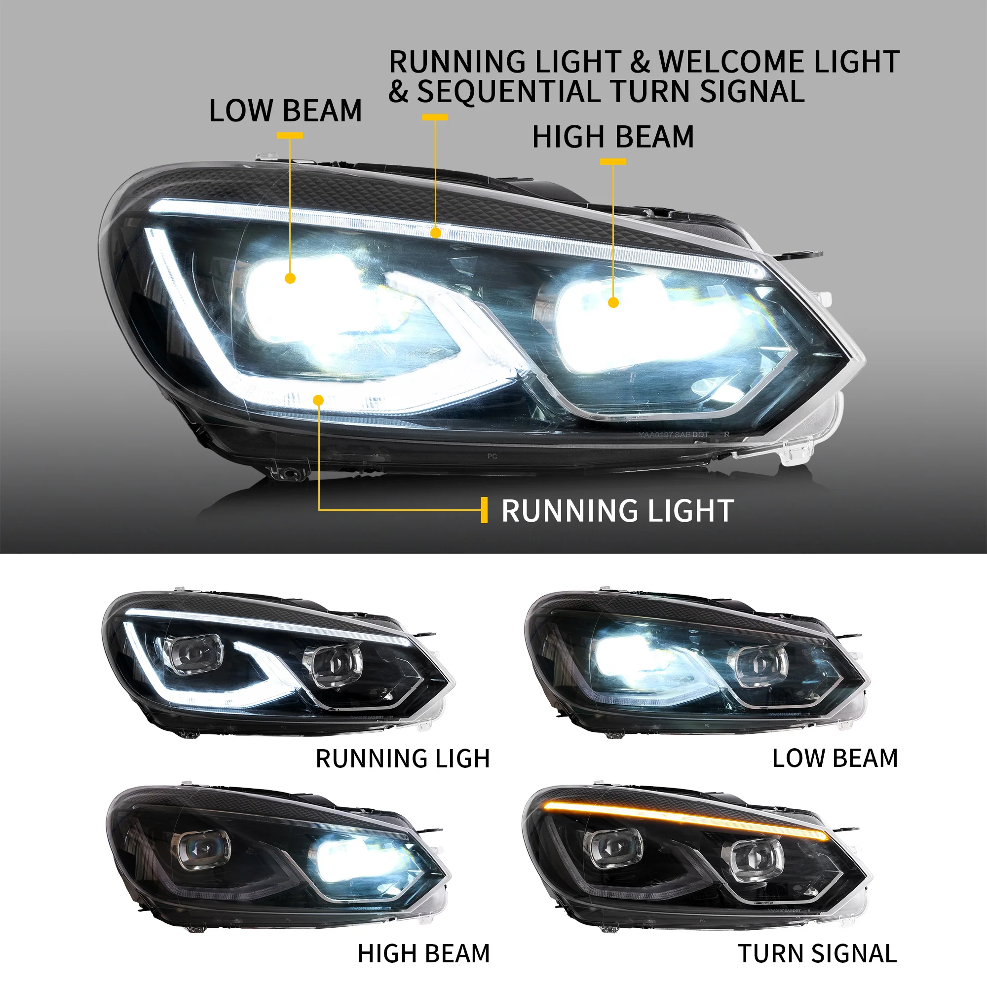 VLAND LED Projector Headlights For Volkswagen [VW] Golf Mk6 2008-2014 With Sequential DRL (MK8 Design Style) [E-MARK.] - Image 3