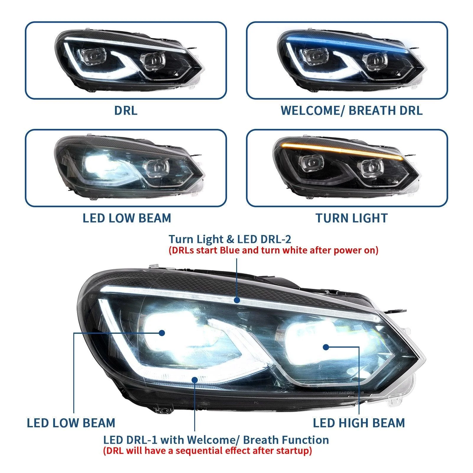 VLAND LED Projector Headlights For Volkswagen [VW] Golf Mk6 2008-2014 With Sequential DRL (MK8 Design Style) [E-MARK.] - Image 4