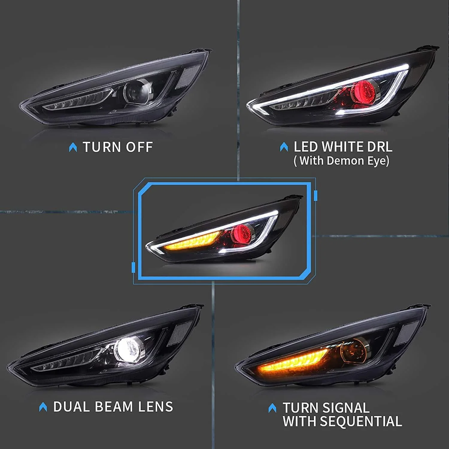VLAND LED Demon Eye Headlights For Ford Focus 2015-2017 With Sequential Indicators Turn Signals - Image 5