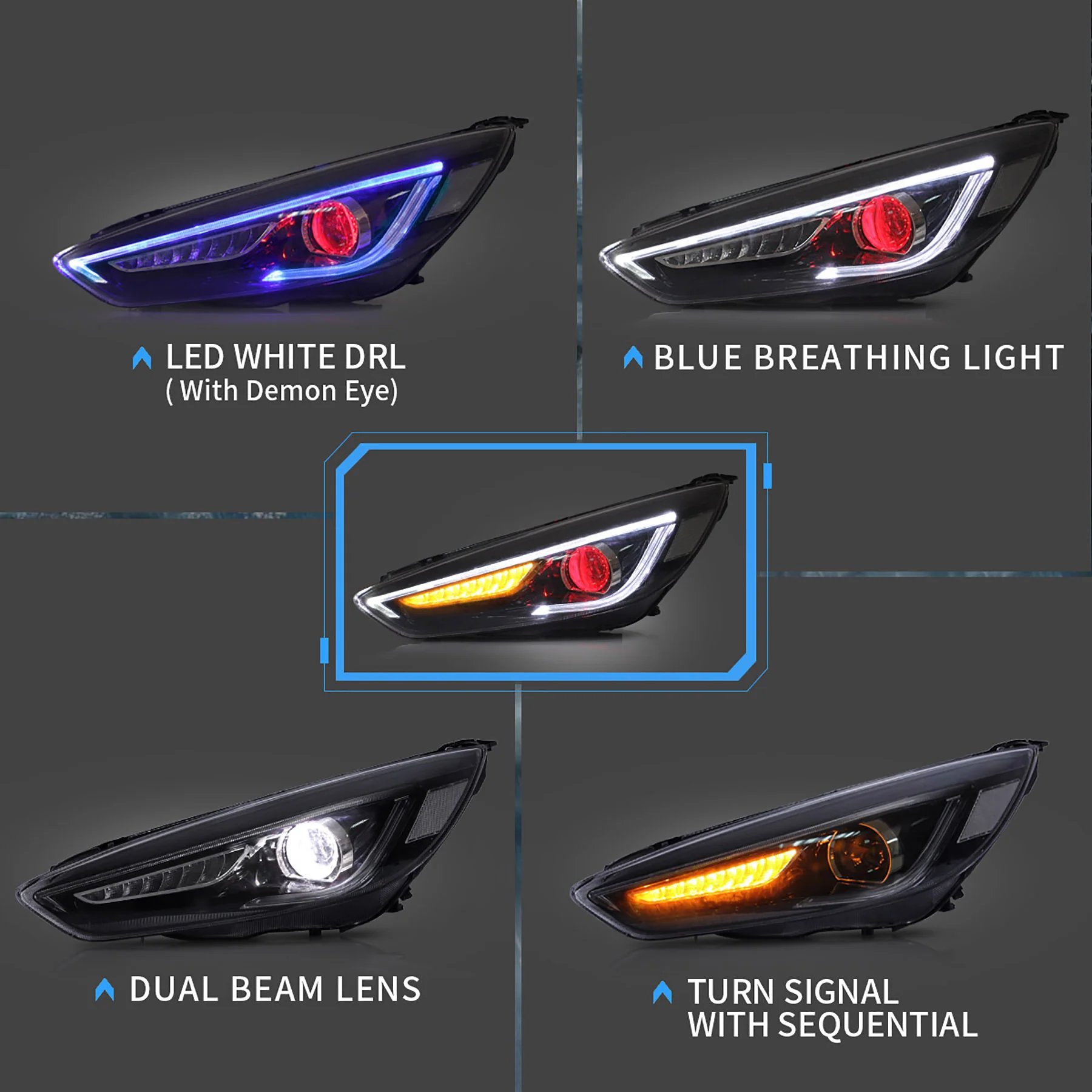 VLAND LED Demon Eye Headlights For Ford Focus 2015-2017 With Sequential Indicators Turn Signals - Image 6