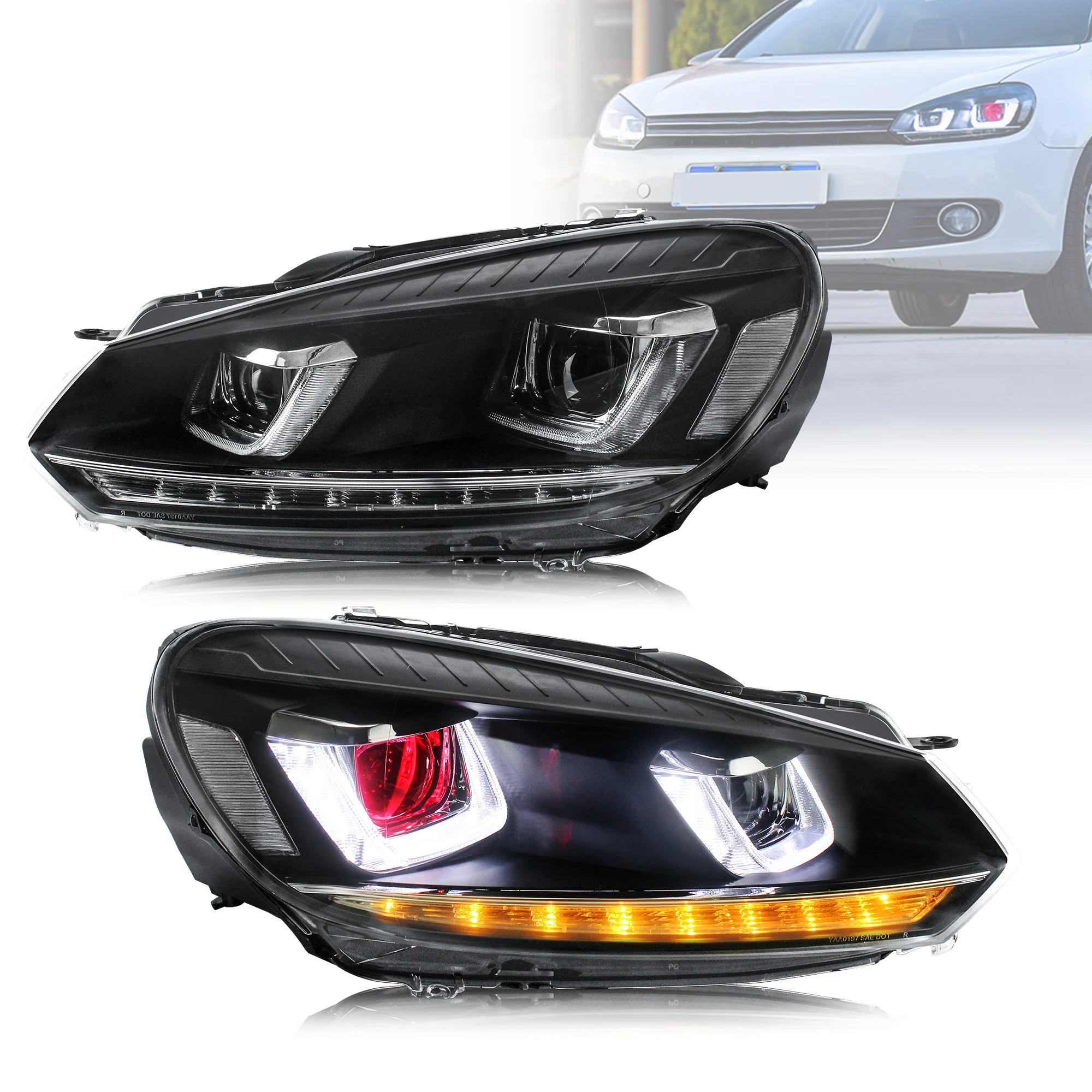 VLAND LED Projector Headlights Red Demon Eyes For Volkswagen VW Golf Mk6 2008-2014 (TSI TDI GTD LPG) [E-MARK] - Image 3