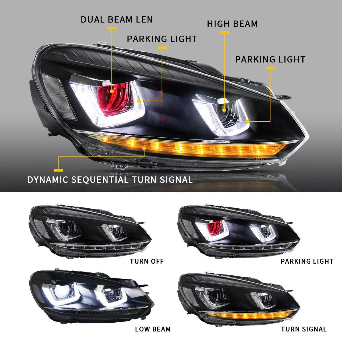VLAND LED Projector Headlights Red Demon Eyes For Volkswagen VW Golf Mk6 2008-2014 (TSI TDI GTD LPG) [E-MARK] - Image 5