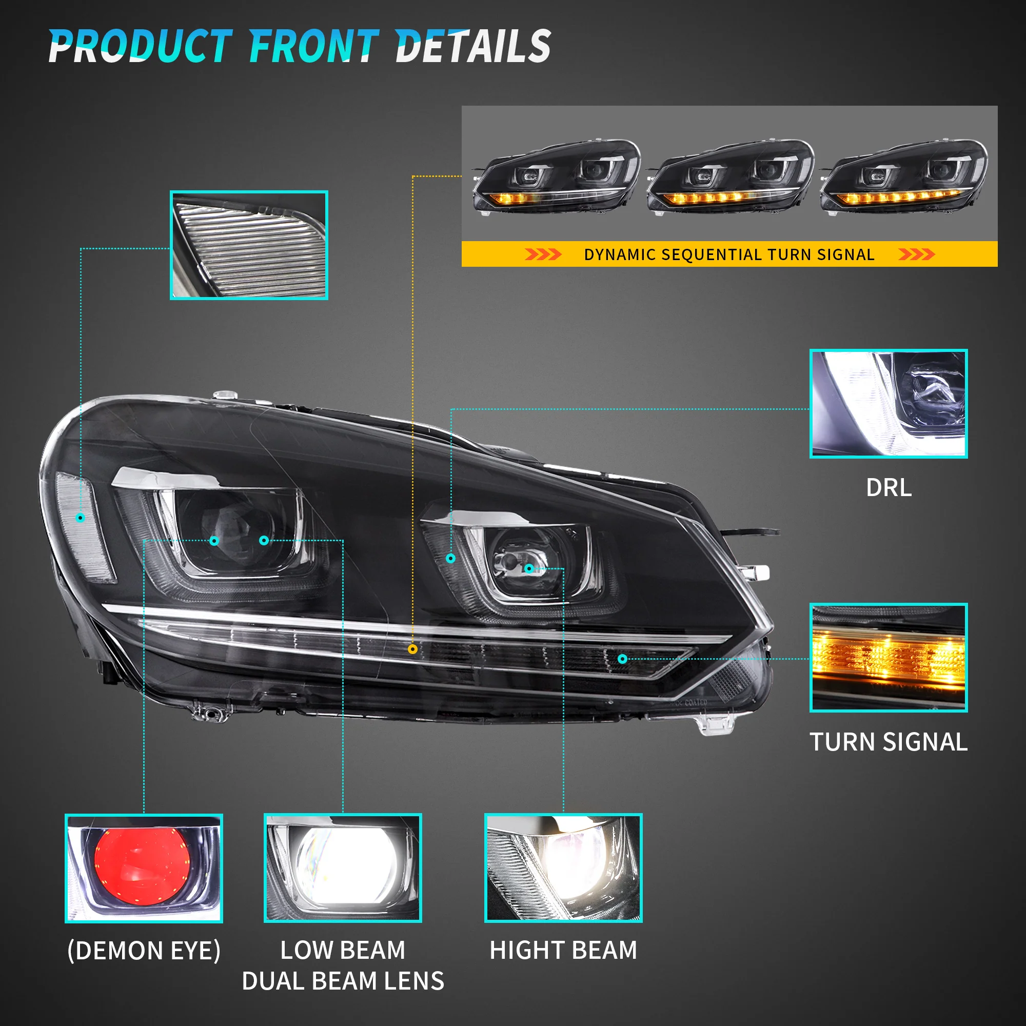 VLAND LED Projector Headlights Red Demon Eyes For Volkswagen VW Golf Mk6 2008-2014 (TSI TDI GTD LPG) [E-MARK] - Image 9