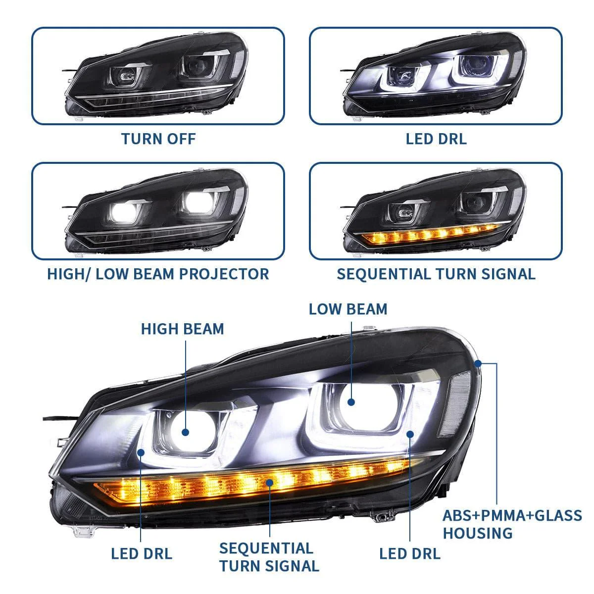 VLAND LED Headlights For Volkswagen(VW) Golf 6 Mk6 2008-2014 With Sequential [E-MARK] - Image 9