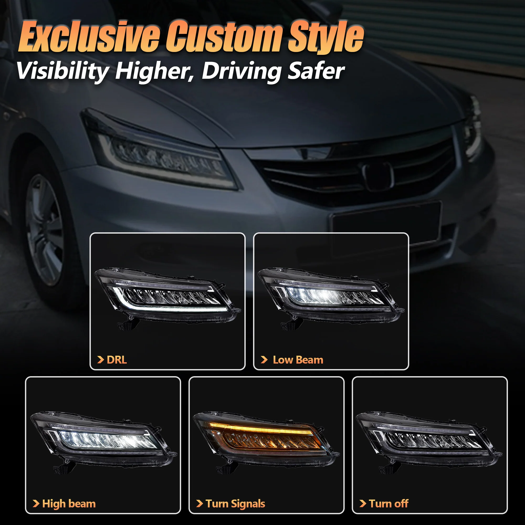 VLAND LED Headlights Honda Accord 2008-2012 8th Gen (NOT FOR 2-DOOR COUPE) With Blue Animation DRL - Image 8