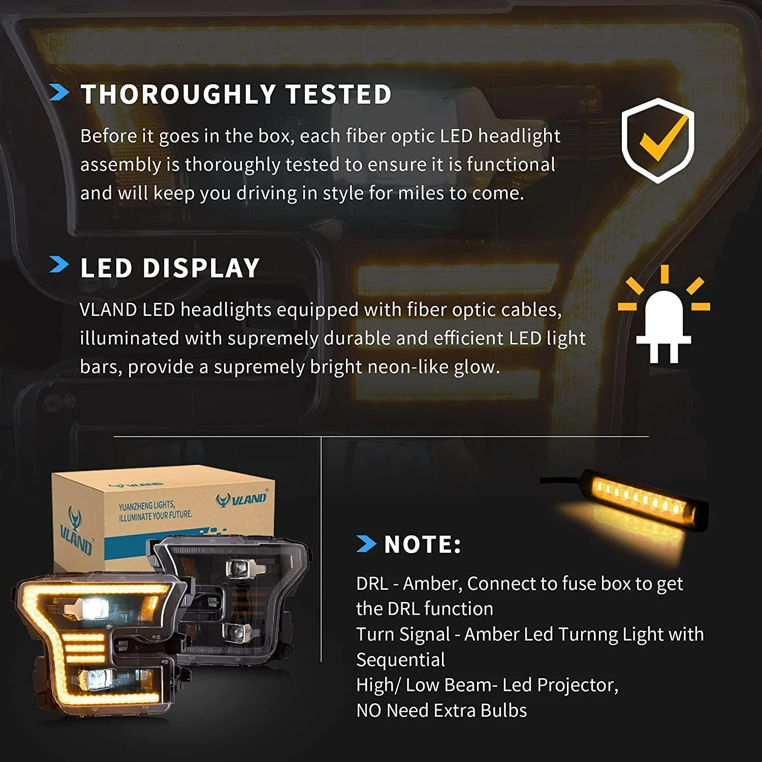 VLAND Full LED Headlights For Ford F150 13th Gen Pickup 2015-2017 / F150 SVT RAPTOR 2016-2021 With Amber DRL [DOT.] - Image 14