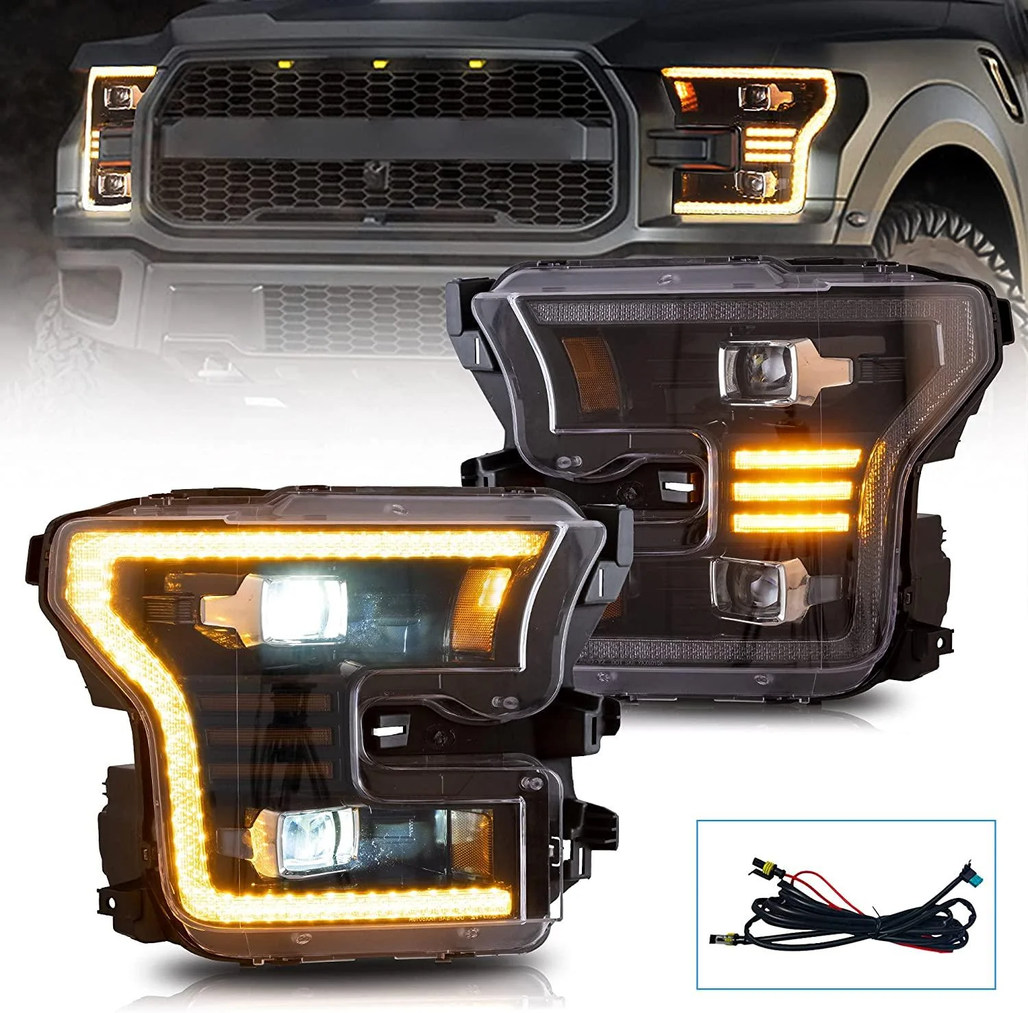 VLAND Full LED Headlights For Ford F150 13th Gen Pickup 2015-2017 / F150 SVT RAPTOR 2016-2021 With Amber DRL [DOT.] - Image 3