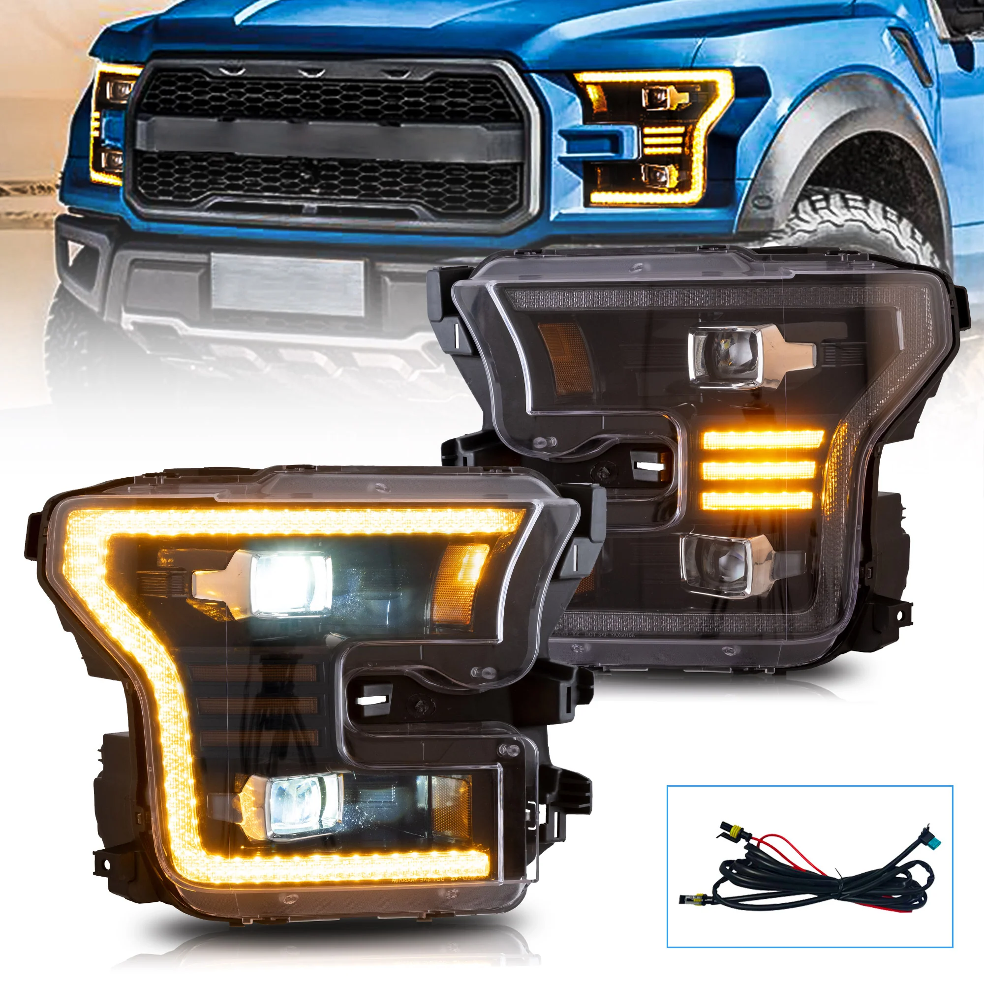 VLAND Full LED Headlights For Ford F150 13th Gen Pickup 2015-2017 / F150 SVT RAPTOR 2016-2021 With Amber DRL [DOT.] - Image 4