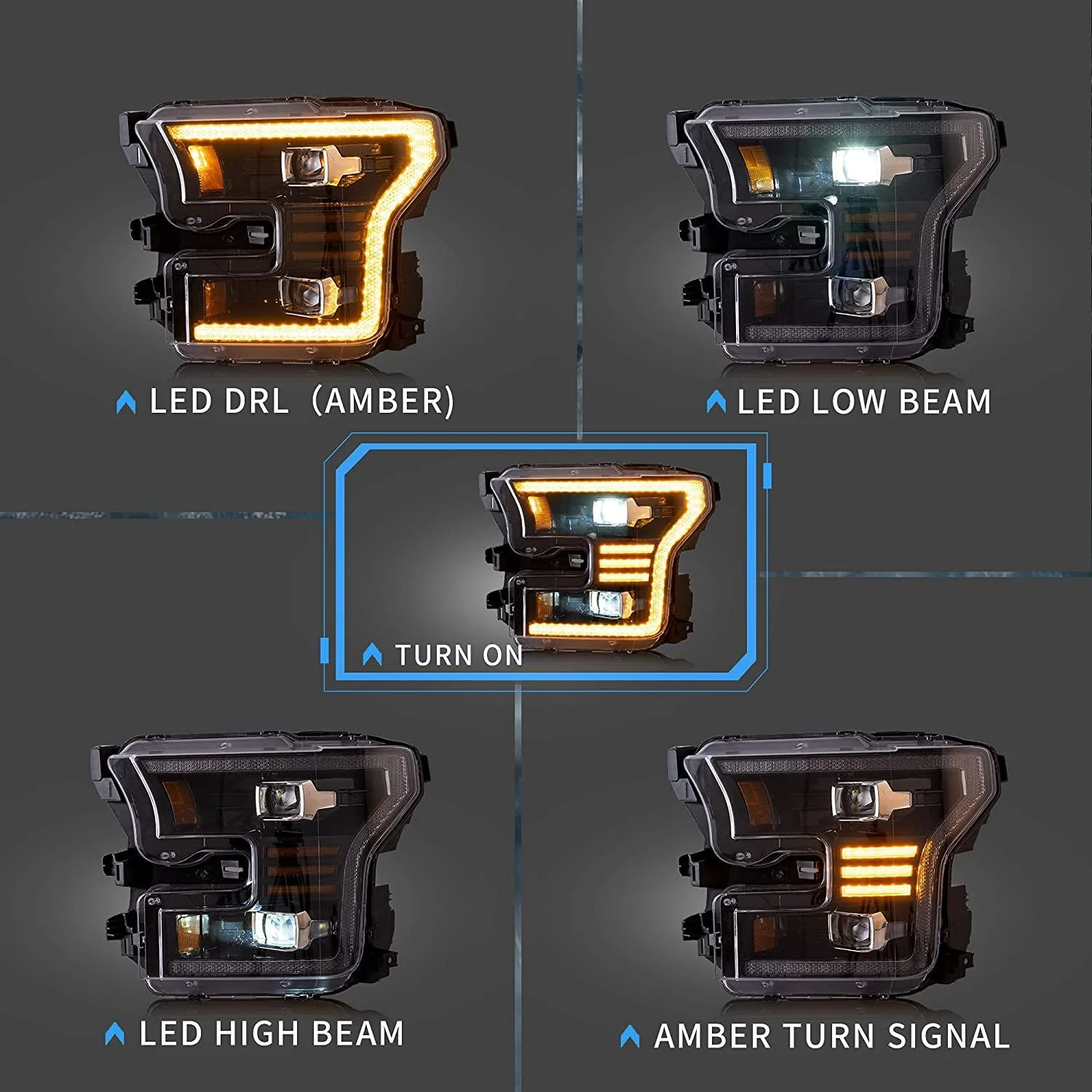 VLAND Full LED Headlights For Ford F150 13th Gen Pickup 2015-2017 / F150 SVT RAPTOR 2016-2021 With Amber DRL [DOT.] - Image 5
