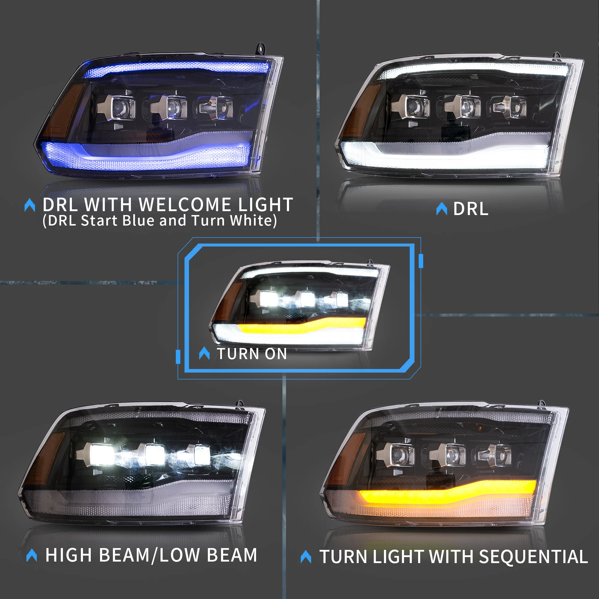 VLAND LED Projector Headlights For RAM 1500 / 2500 / 3500 2009-2018 Ram1500 Classic 2019-2022 [E-MARK./DOT./SAE.] - Image 6