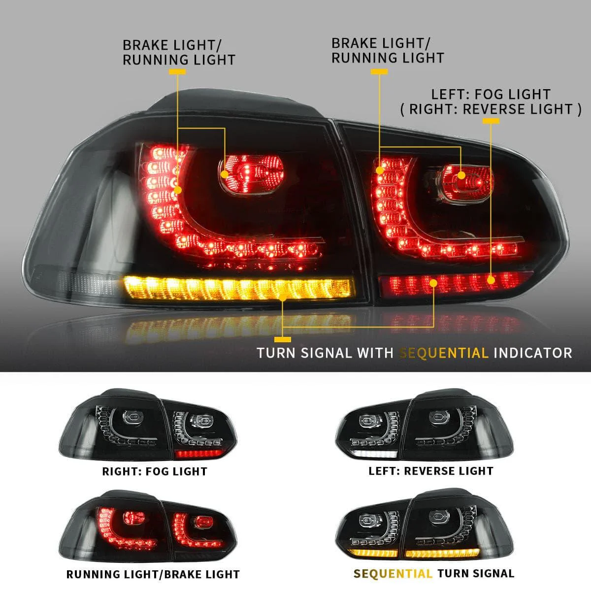 VLAND LED Tail lights For Volkswagen (VW) Golf 6 MK6 (TSI GTI R TDI GTD LPG) 2008-2014 With Sequential indicators[E-MARK] - Image 4