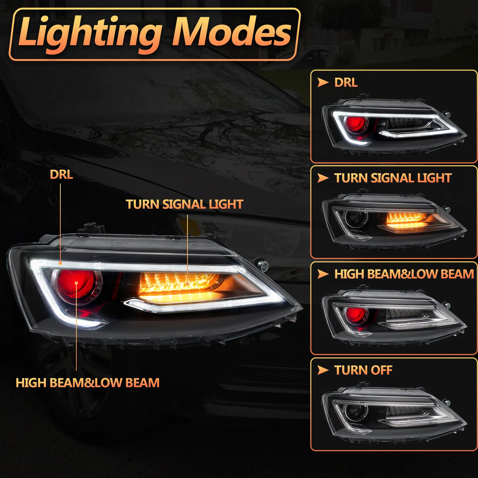VLAND LED Headlights For Volkswagen Jetta MK6 2011-2018 with Sequential Dual Beam/Demon Eye [E-MARK.] - Image 8