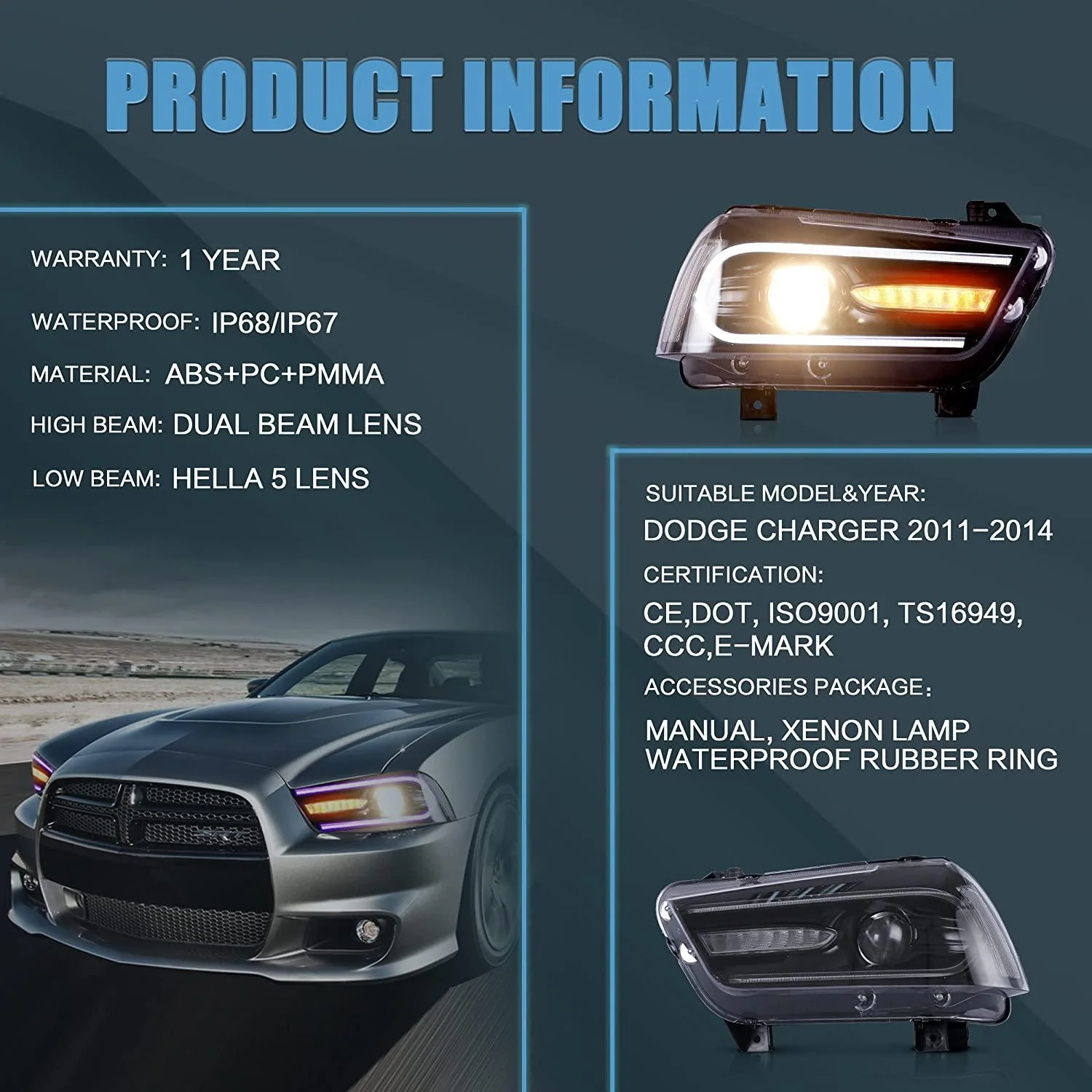 VLAND RGB Dual Beam Headlights For Dodge Charger 2011-2014 With Sequential Turn Signals - Image 11